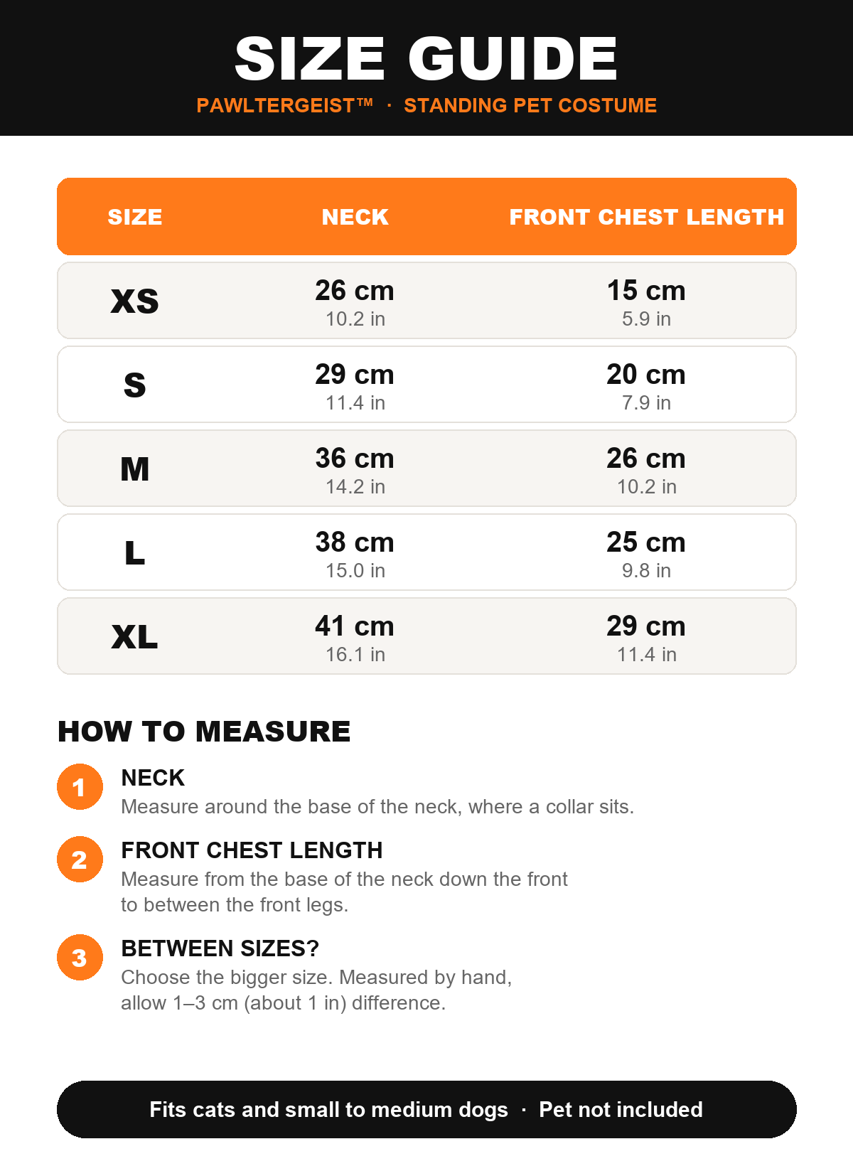 PAWLTERGEIST size chart